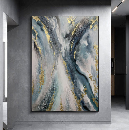 Blue and Gold Abstract Botanical Leaf Wall Art – Large Gold Leaf Blue