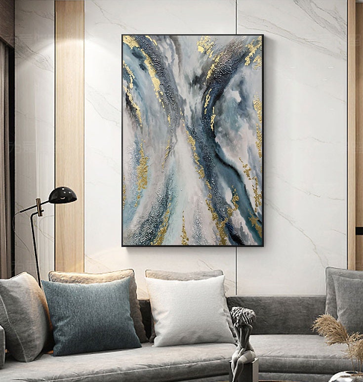 Blue and Gold Abstract Botanical Leaf Wall Art – Large Gold Leaf Blue