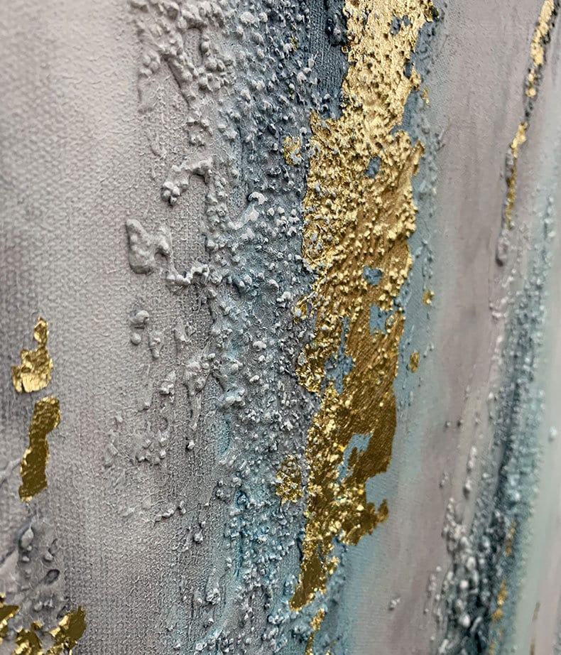 Large Gold Leaf Blue – Blue and Gold Botanical Leaf Wall Art | Abstract Oil Painting, view 3