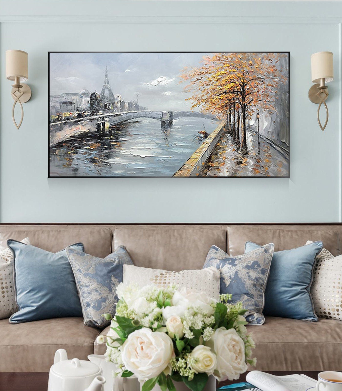 White Boho Lake Landscape Wall Art