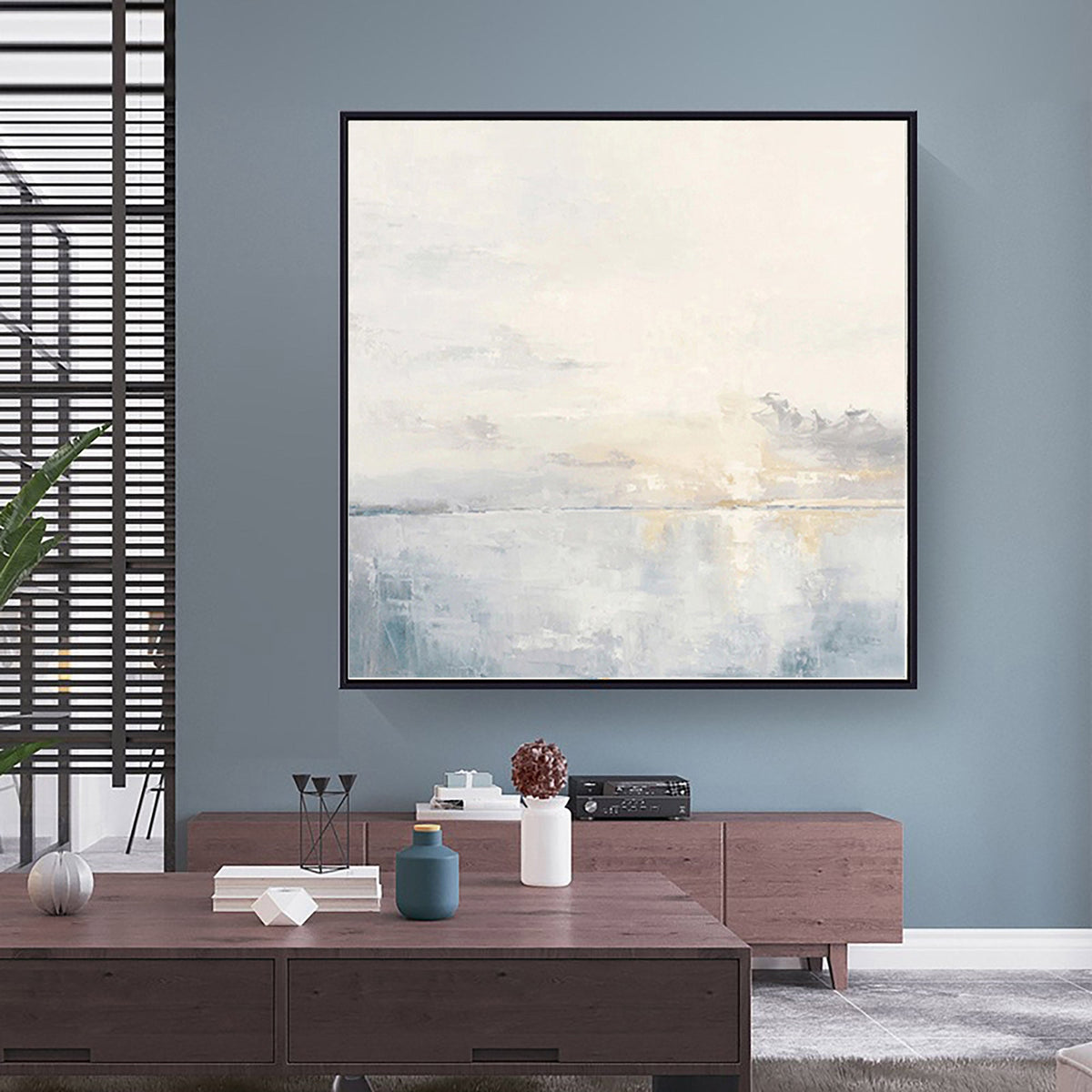 Square Ocean Sunset Wall Art Soft Blue Seascape Canvas Painting for Coastal Entryway Decor