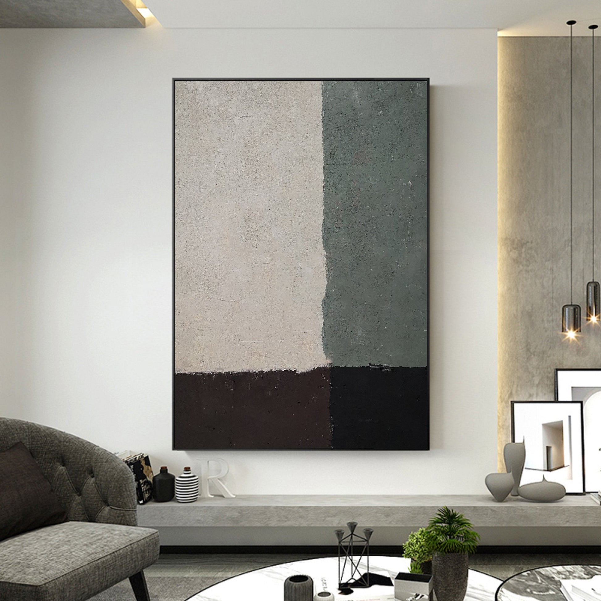 Sage Green Abstract Painting – Minimalist Wall Art
