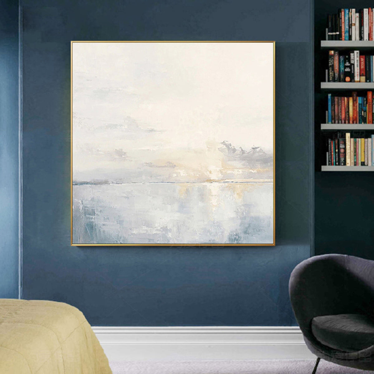 Square Ocean Sunset Wall Art Soft Blue Seascape Canvas Painting for Coastal Entryway Decor