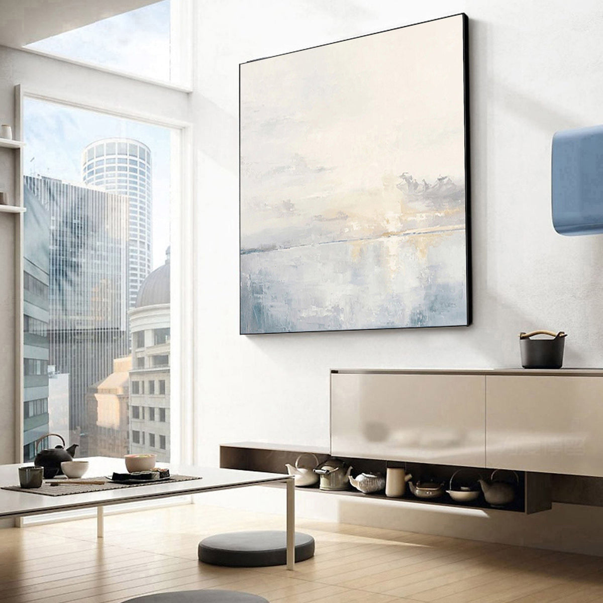 Square Ocean Sunset Wall Art Soft Blue Seascape Canvas Painting for Coastal Entryway Decor