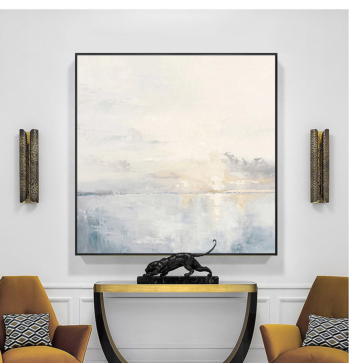 Square Ocean Sunset Wall Art Soft Blue Seascape Canvas Painting for Coastal Entryway Decor