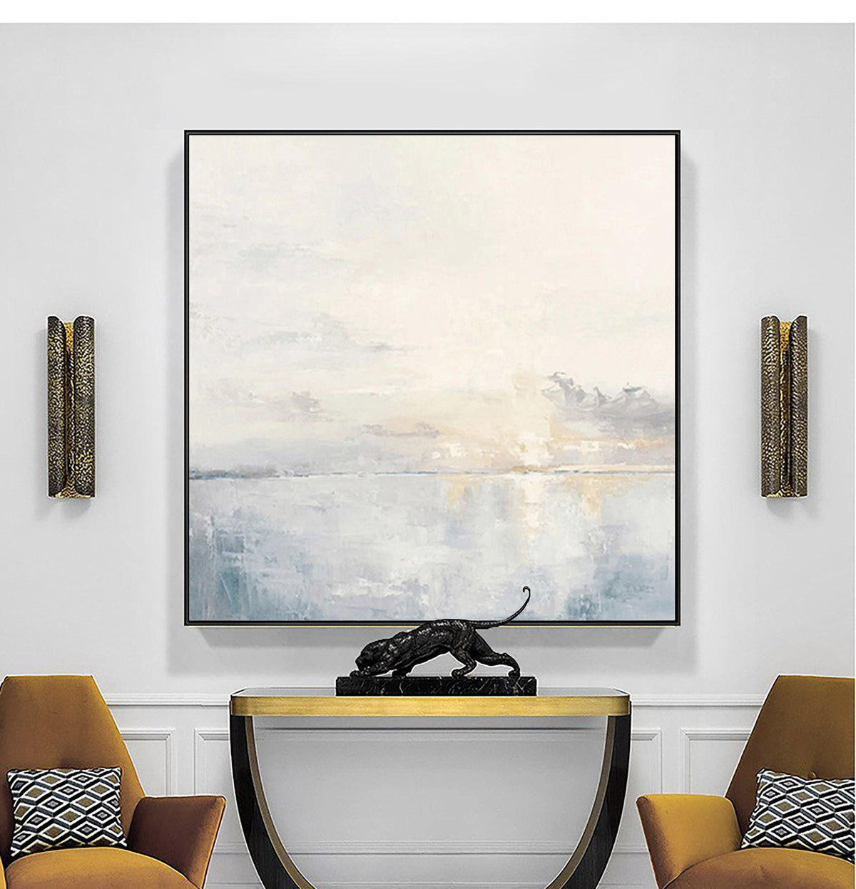 Large Ocean Sunset Wall Art Soft Blue Seascape Canvas Painting for Living Room Decor