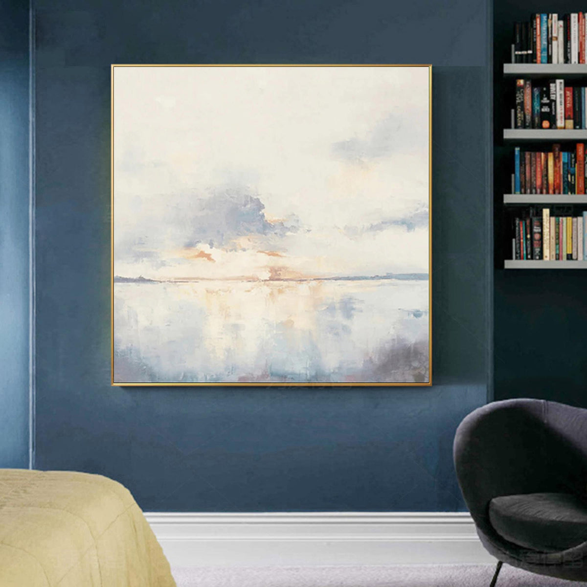 Large Coastal Ocean Wall Art Soft Blue Sunset Canvas Painting for Living Room Decor