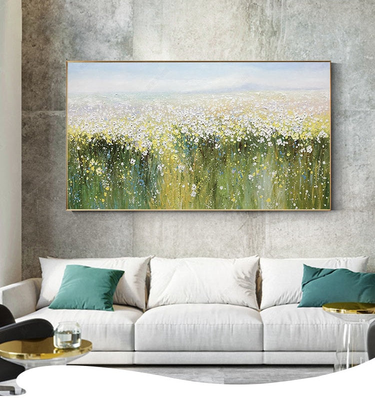 Green and Yellow Abstract Wildflower Floral Wall Art Oil Painting