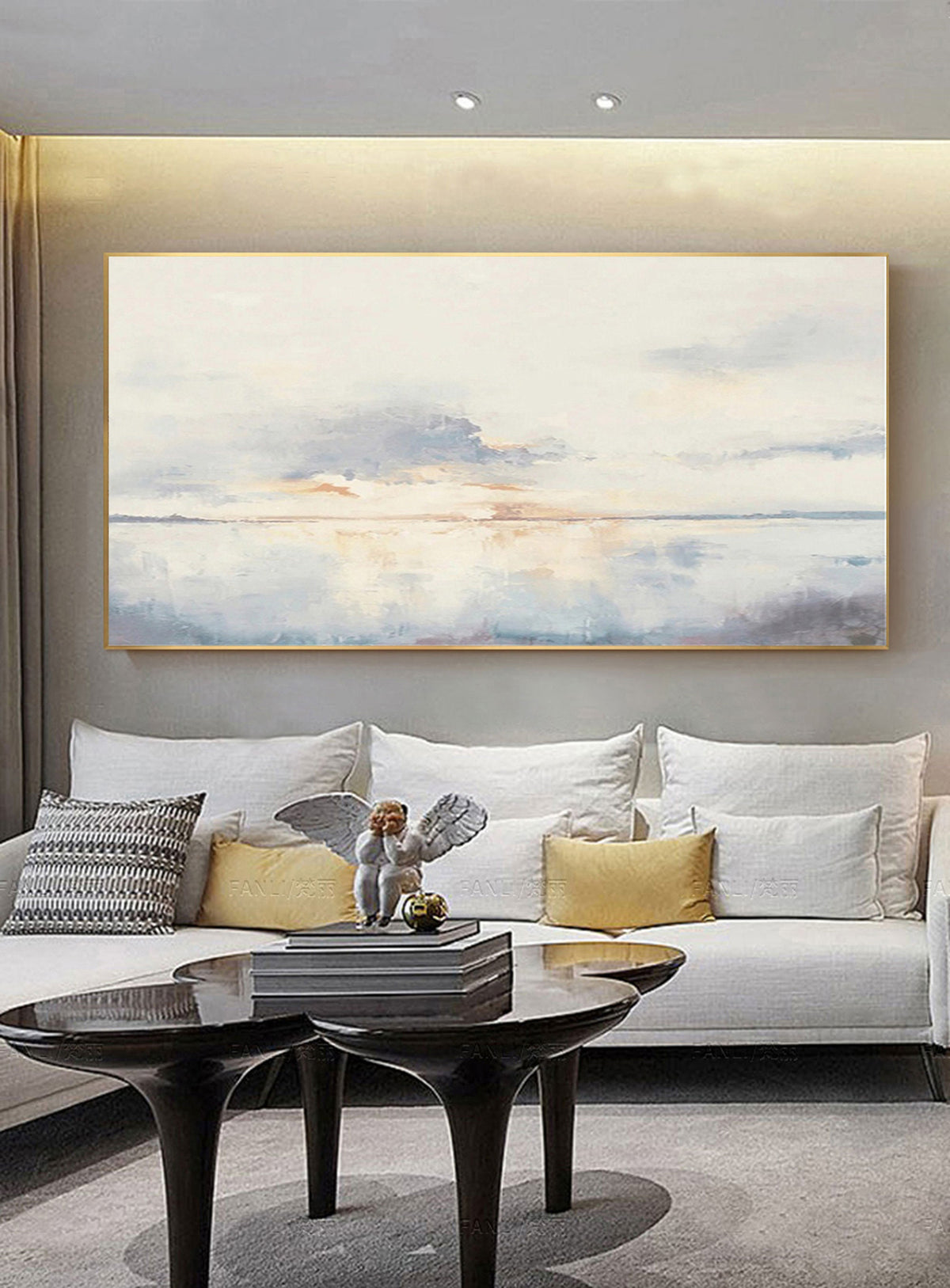 Large Ocean Sunset Wall Art Soft Blue Coastal Canvas Painting for Dining Room Decor