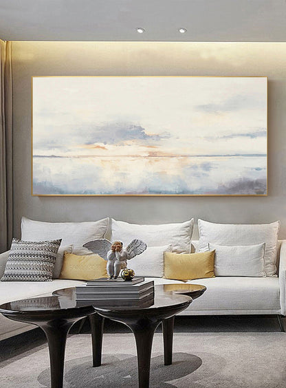 Large Ocean Sunset Wall Art Soft Blue Coastal Canvas Painting for Dining Room Decor