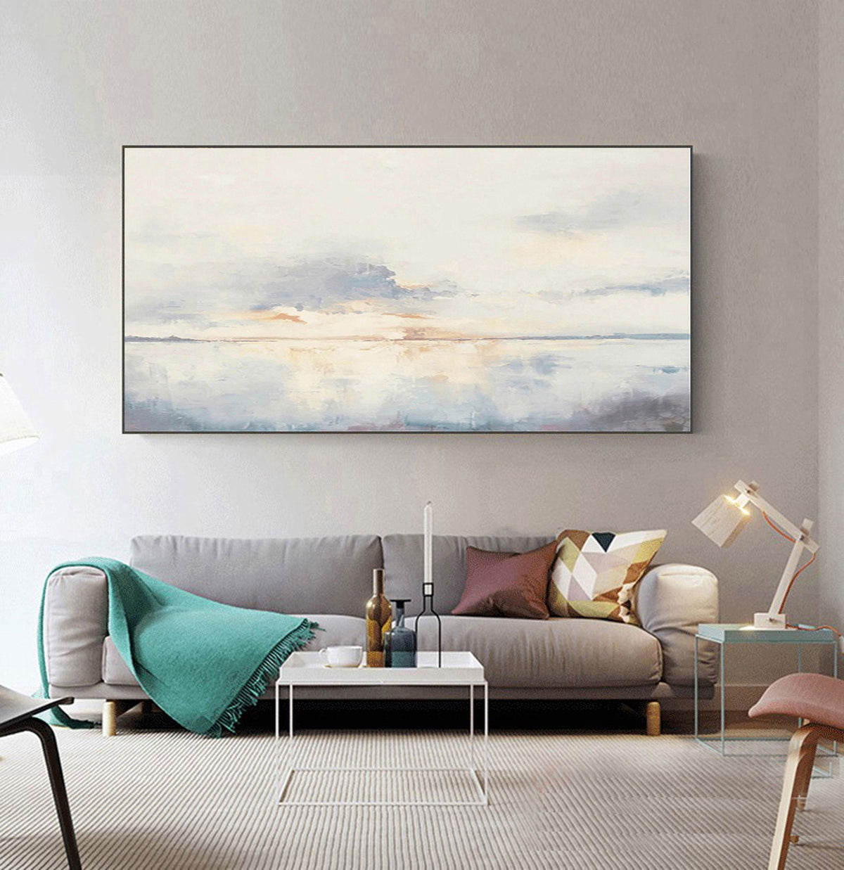 Large Ocean Sunset Wall Art Soft Blue Coastal Canvas Painting for Dining Room Decor