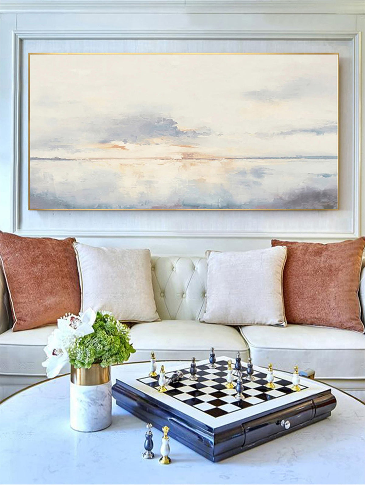 Large Ocean Sunset Wall Art Soft Blue Coastal Canvas Painting for Dining Room Decor