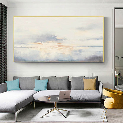 Large Ocean Sunset Wall Art Soft Blue Coastal Canvas Painting for Dining Room Decor