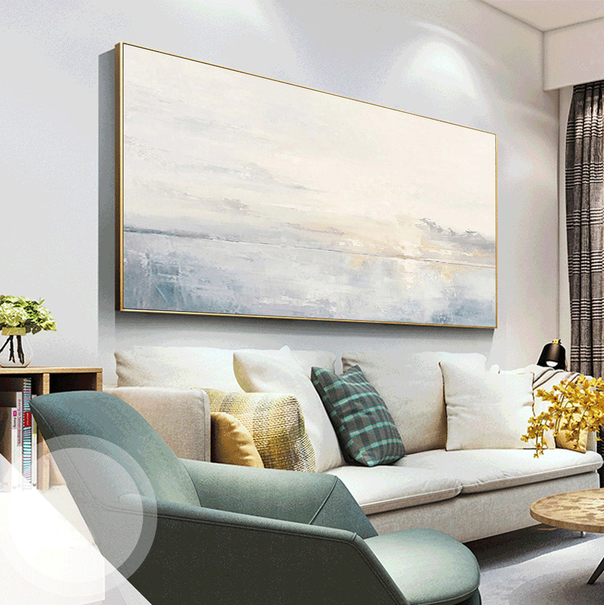 Large Ocean Wall Art Soft Blue Sunset Canvas Painting for Living Room Decor