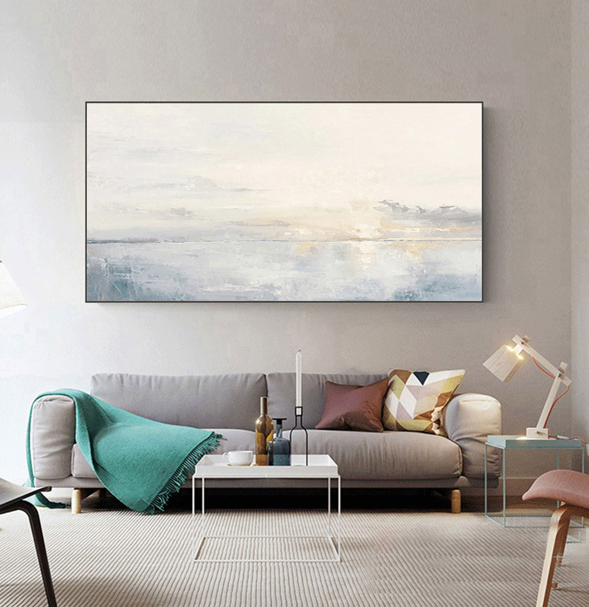 Large Ocean Wall Art Soft Blue Sunset Canvas Painting for Living Room Decor