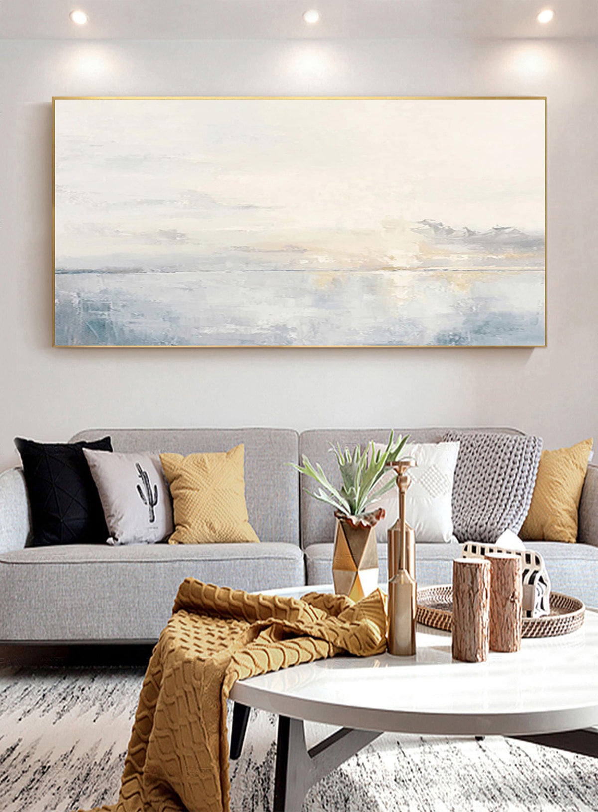 Large Ocean Wall Art Soft Blue Sunset Canvas Painting for Living Room Decor