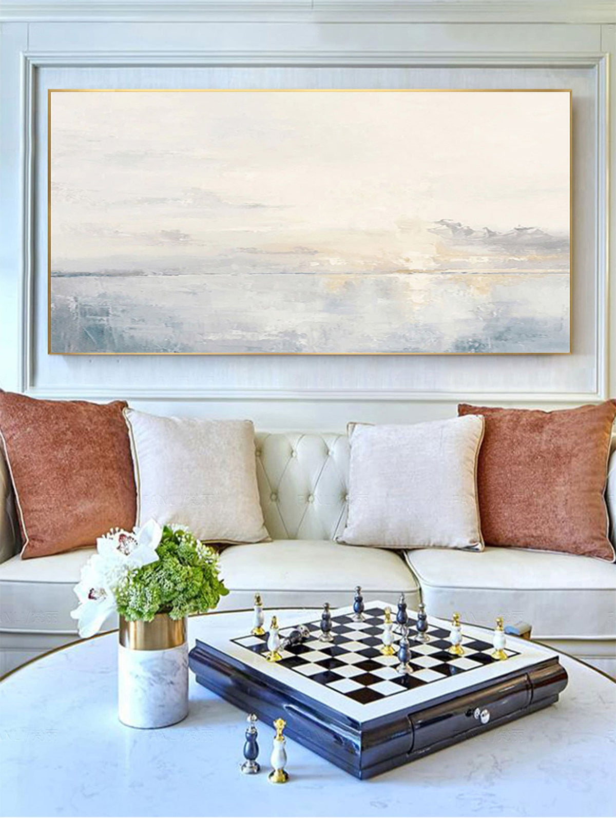 Large Ocean Wall Art Soft Blue Sunset Canvas Painting for Living Room Decor