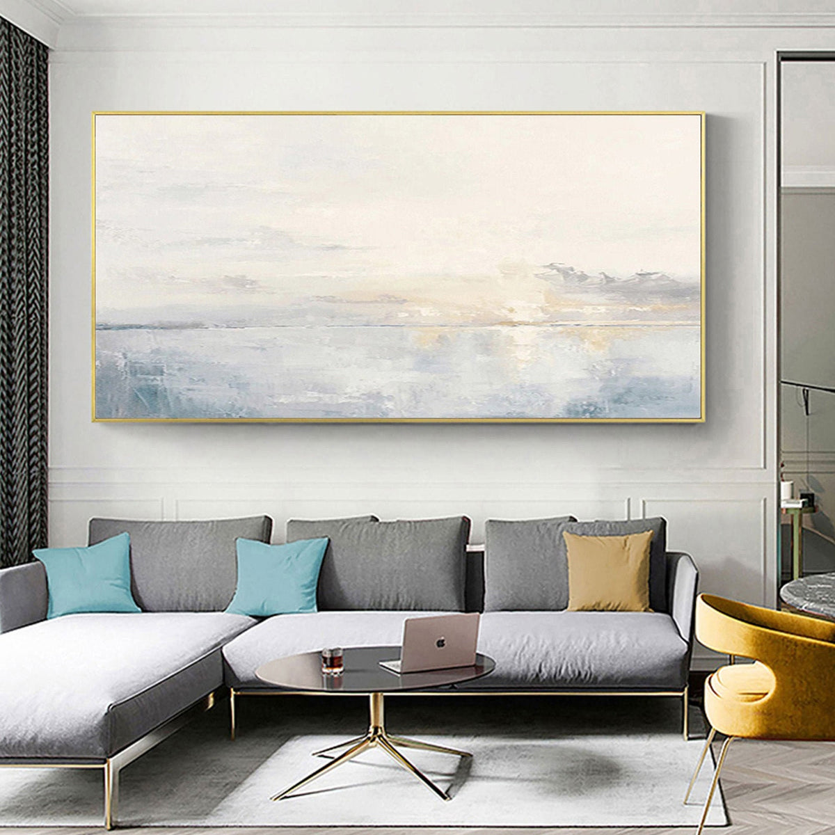 Large Ocean Wall Art Soft Blue Sunset Canvas Painting for Living Room Decor