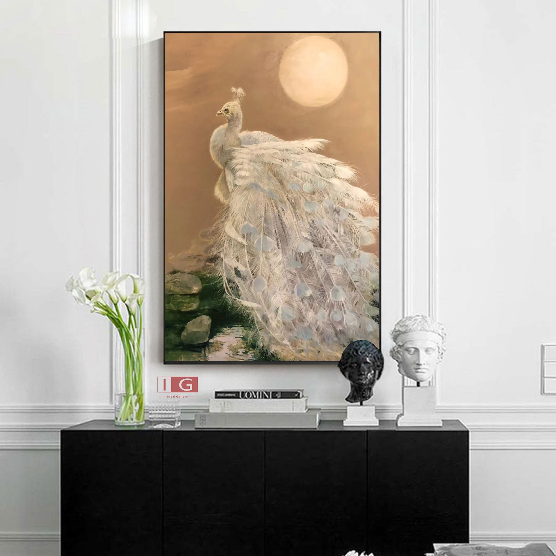 White Peacock Oil Painting – Gold Animal Art Decor – Abstract Animal Art