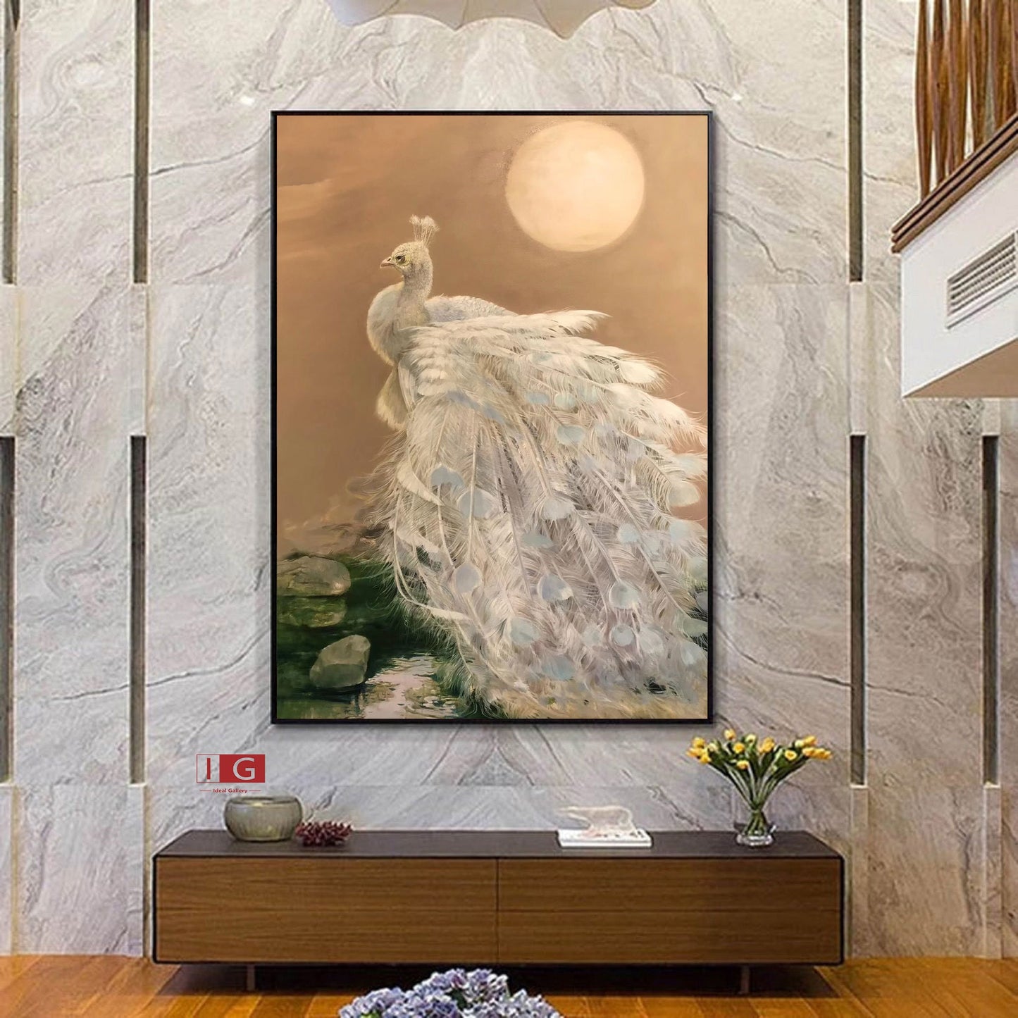 White Peacock Oil Painting – Gold Animal Art Decor – Abstract Animal Art