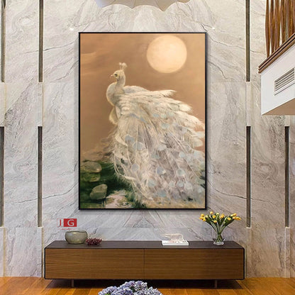 White Peacock Oil Painting – Gold Animal Art Decor – Abstract Animal Art