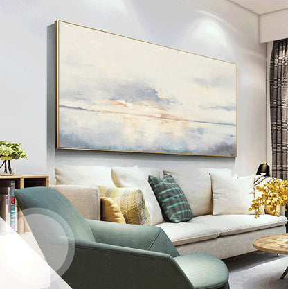 Large Ocean Sunset Wall Art Soft Blue Coastal Canvas Painting for Dining Room Decor