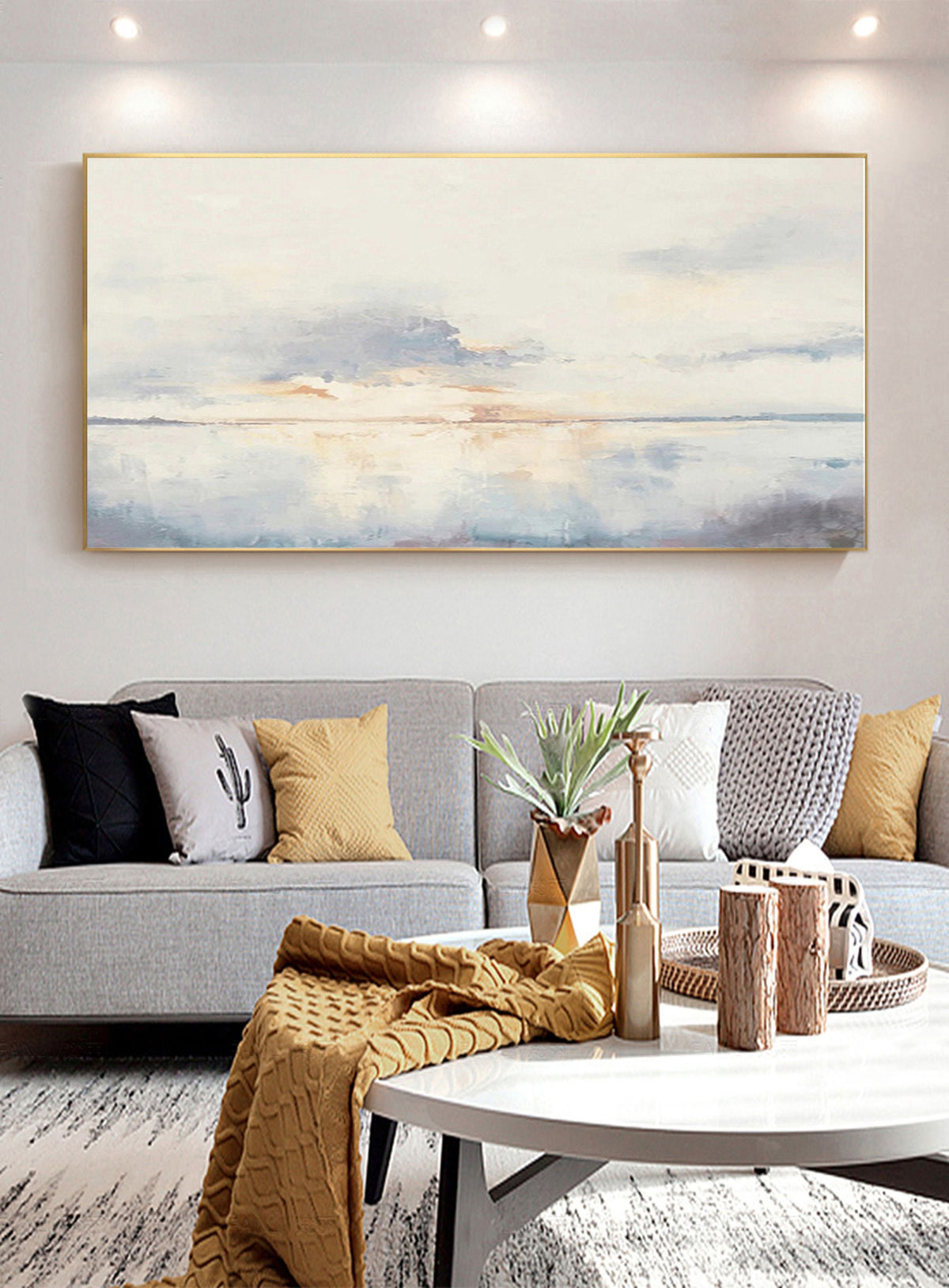 Large Ocean Sunset Wall Art Soft Blue Coastal Canvas Painting for Dining Room Decor