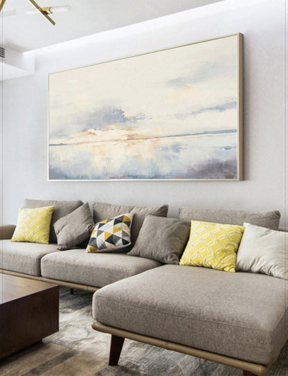 Large Ocean Sunset Wall Art Soft Blue Coastal Canvas Painting for Dining Room Decor