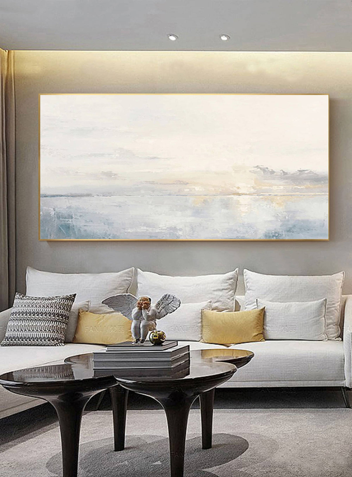Large Ocean Wall Art Soft Blue Sunset Canvas Painting for Living Room Decor