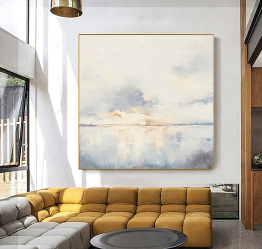 Large Coastal Ocean Wall Art Soft Blue Sunset Canvas Painting for Living Room Decor