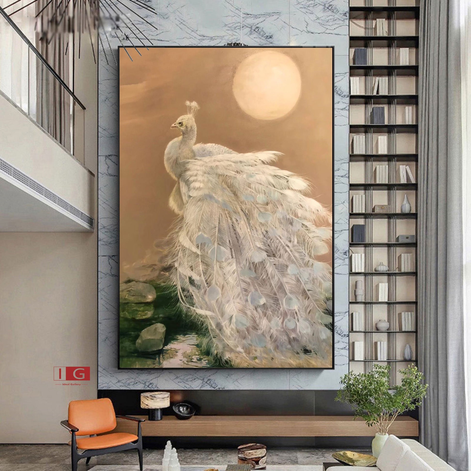 White Peacock Oil Painting – Gold Animal Art Decor – Abstract Animal Art