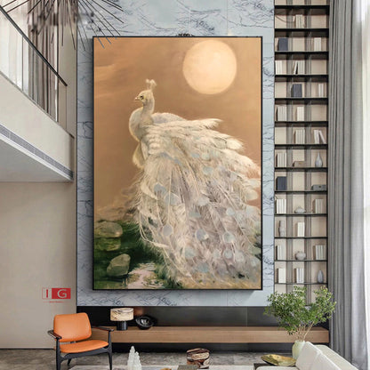 White Peacock Oil Painting – Gold Animal Art Decor – Abstract Animal Art
