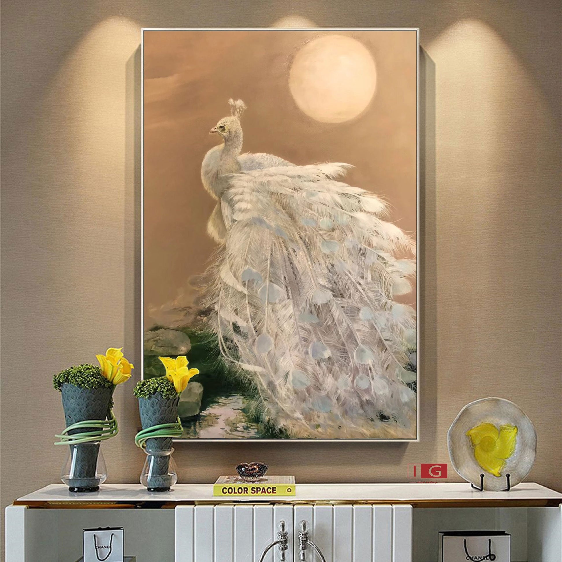 White Peacock Oil Painting – Gold Animal Art Decor – Abstract Animal Art