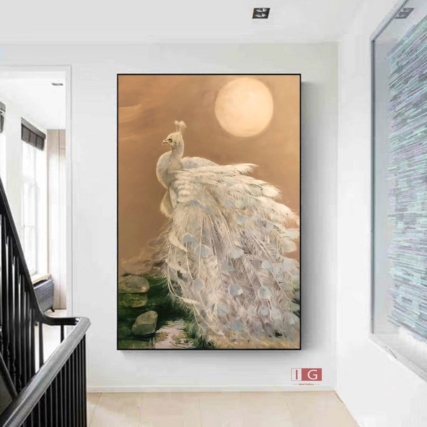 White Peacock Oil Painting – Gold Animal Art Decor – Abstract Animal Art