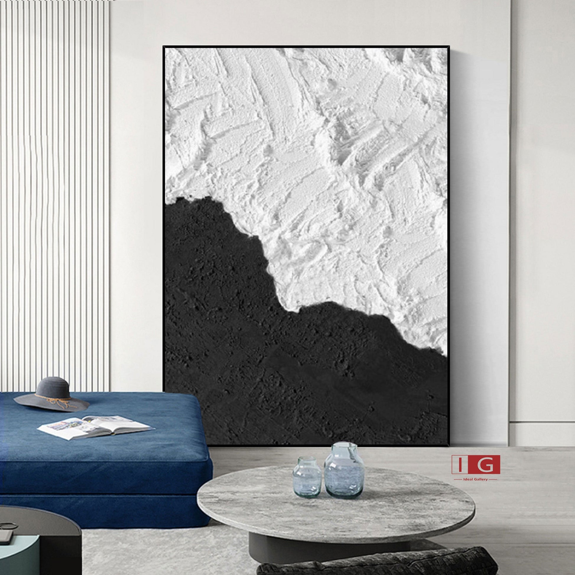 Black and White Textured Abstract Painting – Framed Minimalist Wall Art