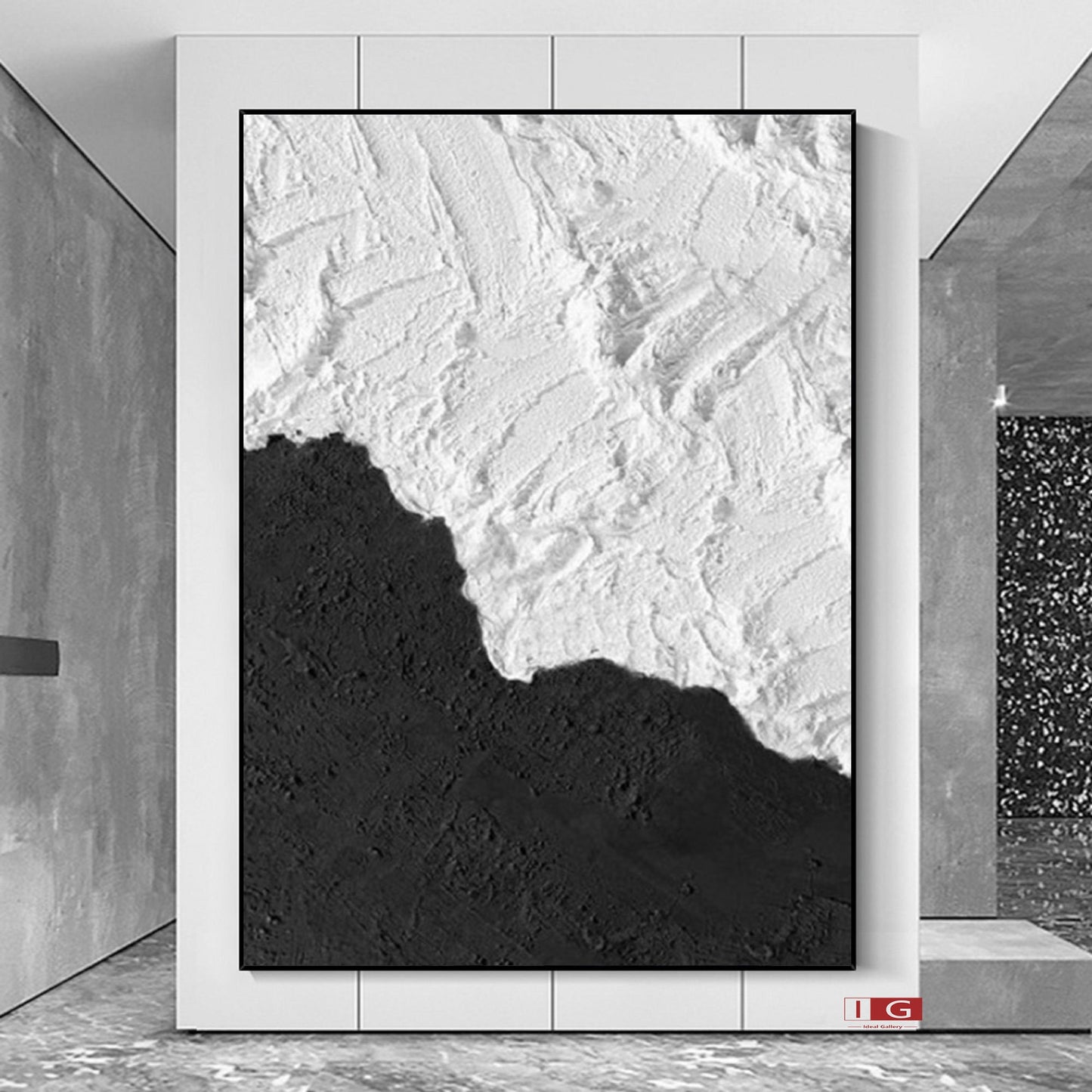 Black and White Textured Abstract Painting – Framed Minimalist Wall Art