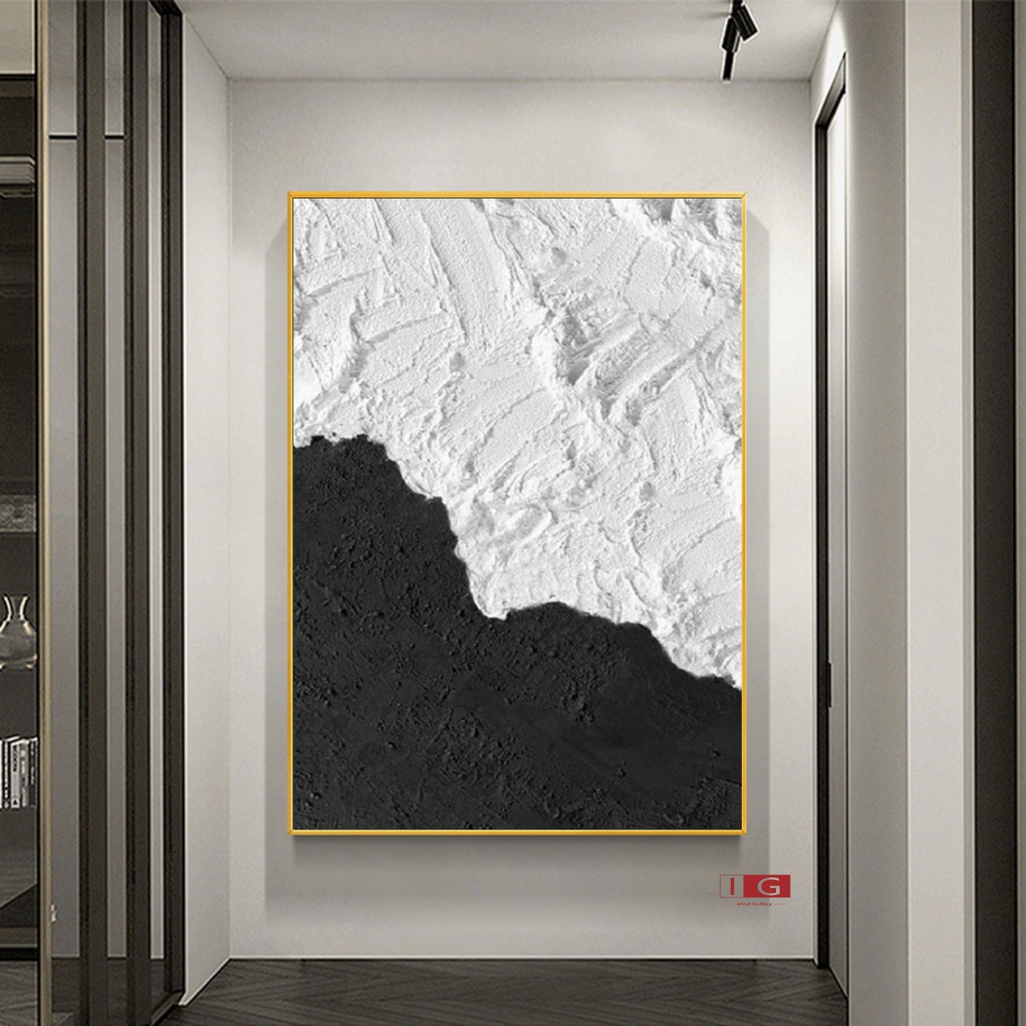 Black and White Textured Abstract Painting – Framed Minimalist Wall Art