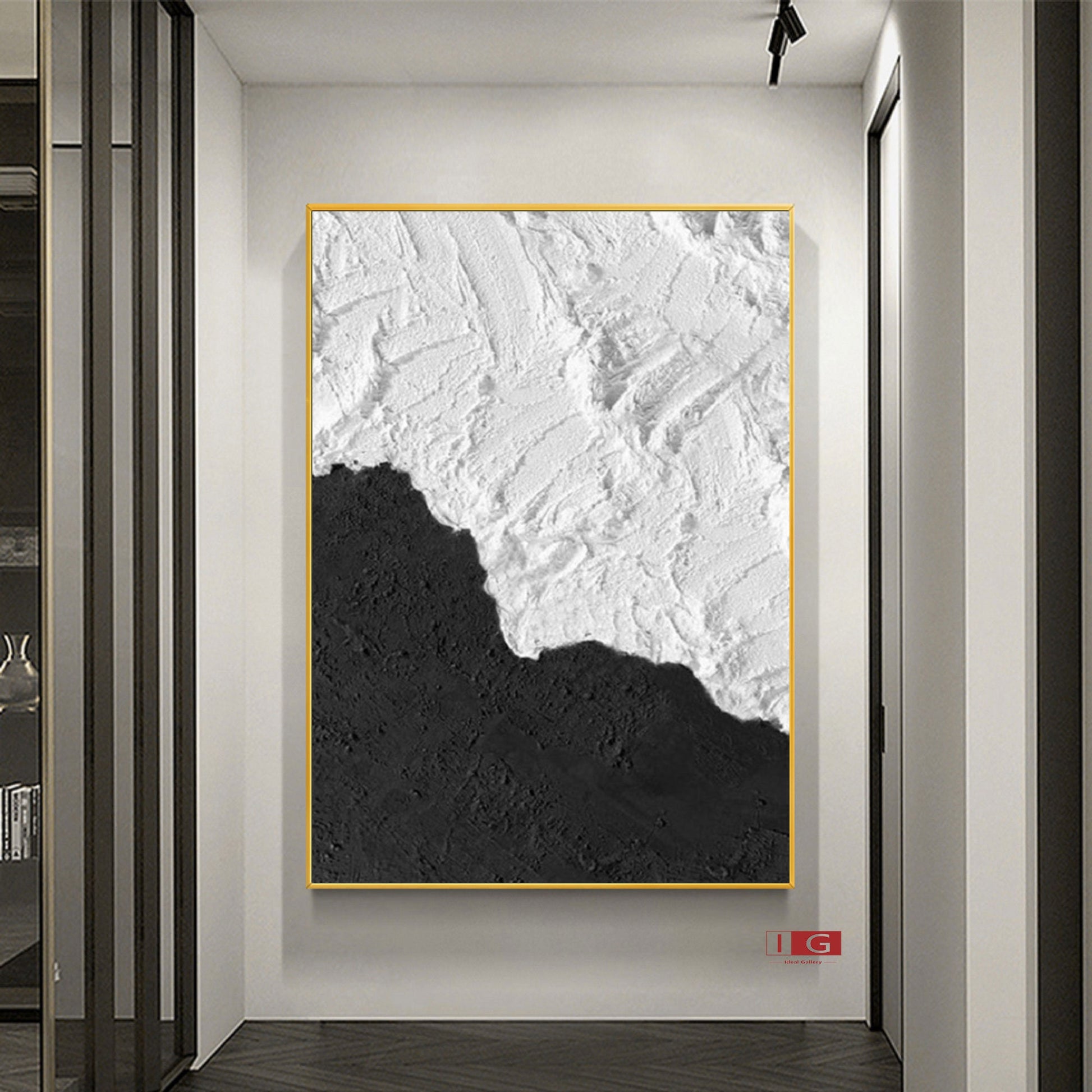 Black and White Textured Abstract Painting – Framed Minimalist Wall Art