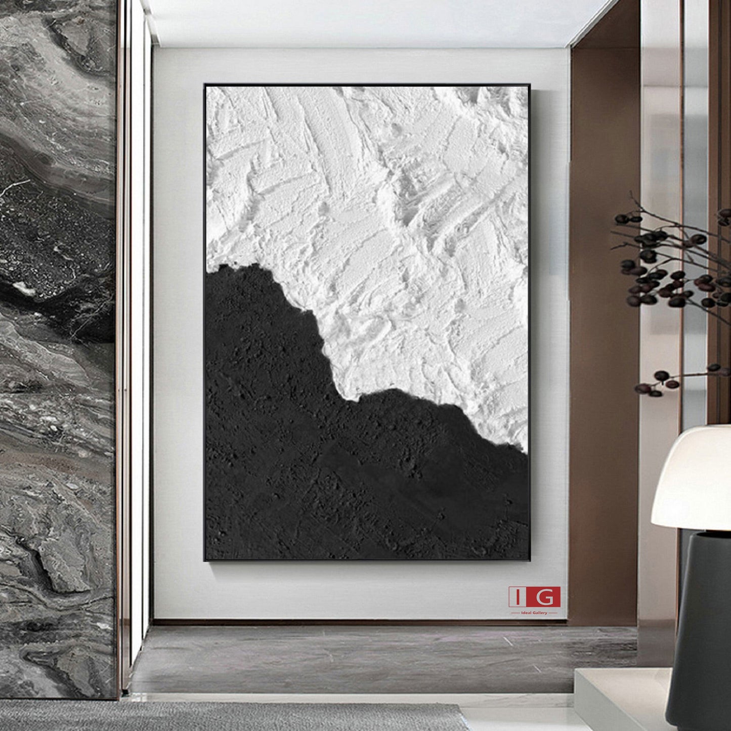 Black and White Textured Abstract Painting – Framed Minimalist Wall Art
