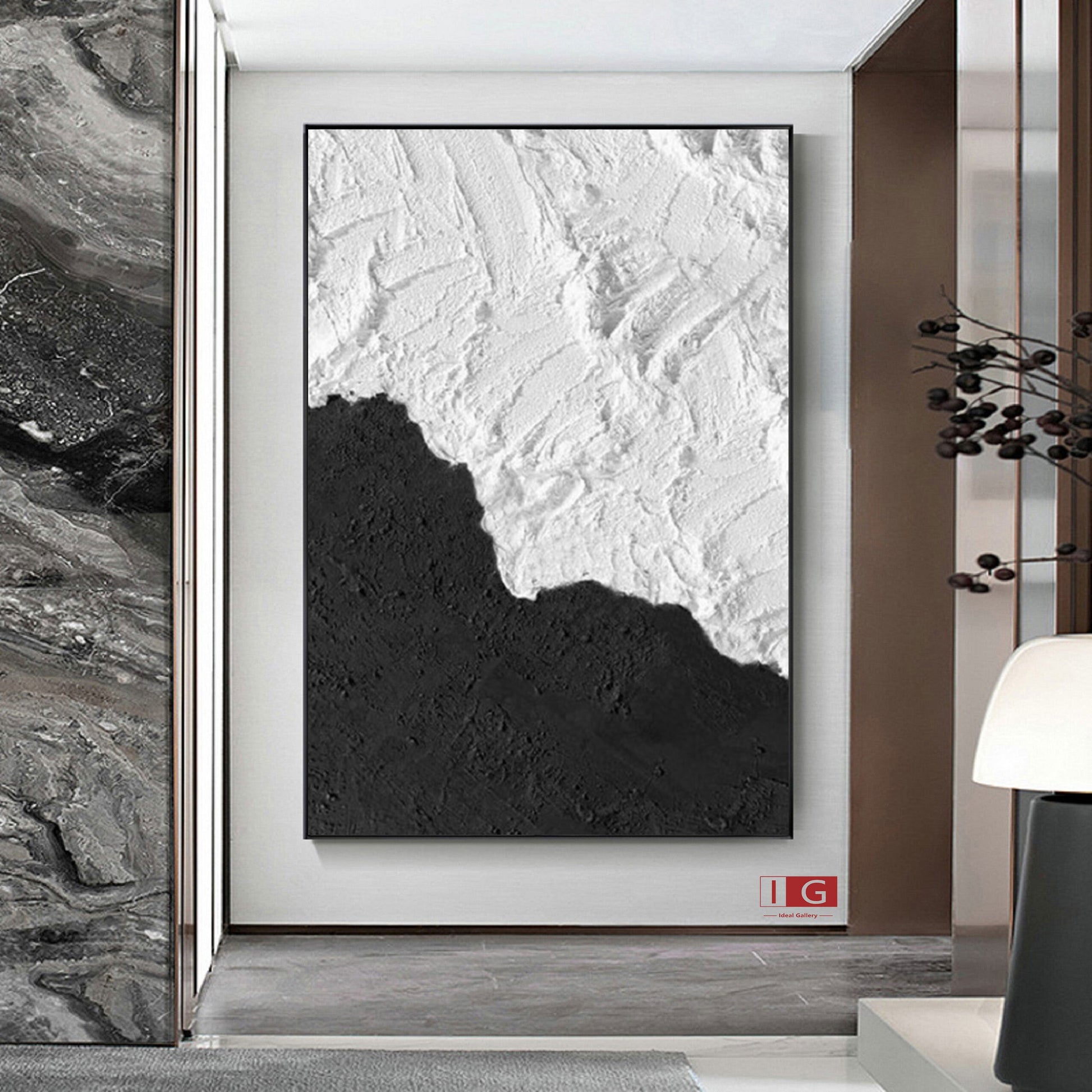 Black and White Textured Abstract Painting – Framed Minimalist Wall Art