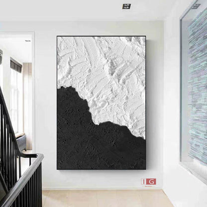 Black and White Textured Abstract Painting – Framed Minimalist Wall Art