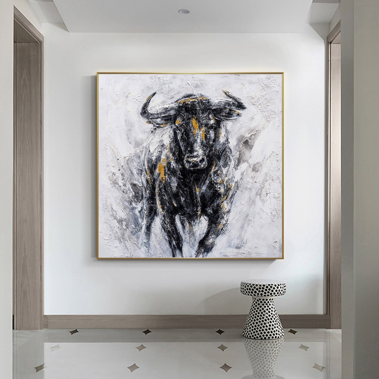 Abstract Bull Canvas Wall Art – Large Texture Animal Painting – Abstract Animal Art
