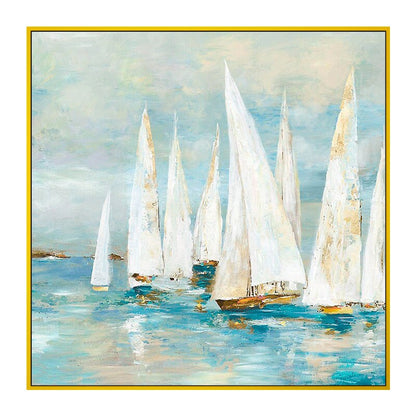 Abstract White Sailboats Painting on Canvas, Large Original Nautical Canvas Wall Art, Modern Seascape Oil Painting for Living Room Bedroom