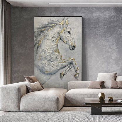 Abstract White Horse Oil Painting on Canvas, Original Hand-painted Horse Canvas Wall Art, Modern Animal Painting for Living Room, Home Décor