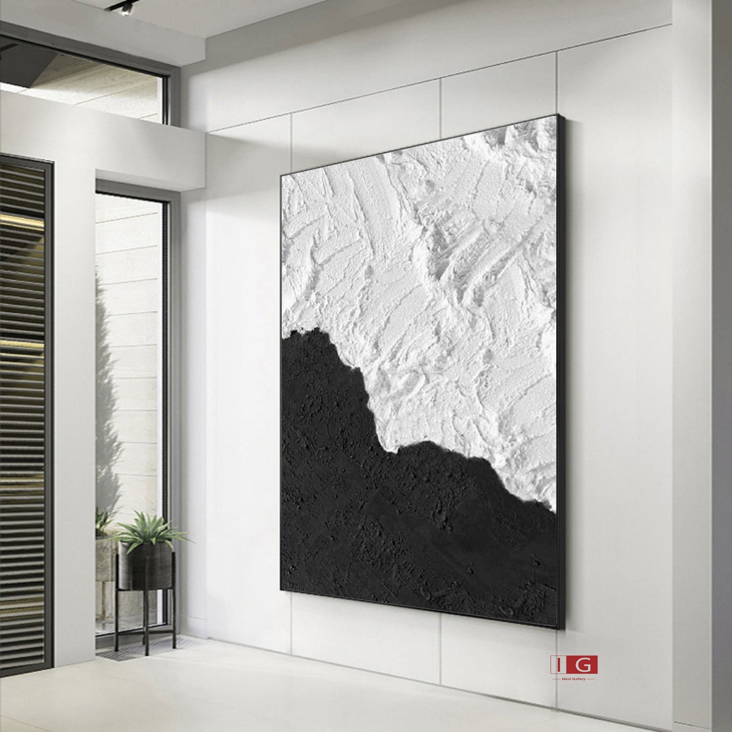 Black and White Textured Abstract Painting – Framed Minimalist Wall Art