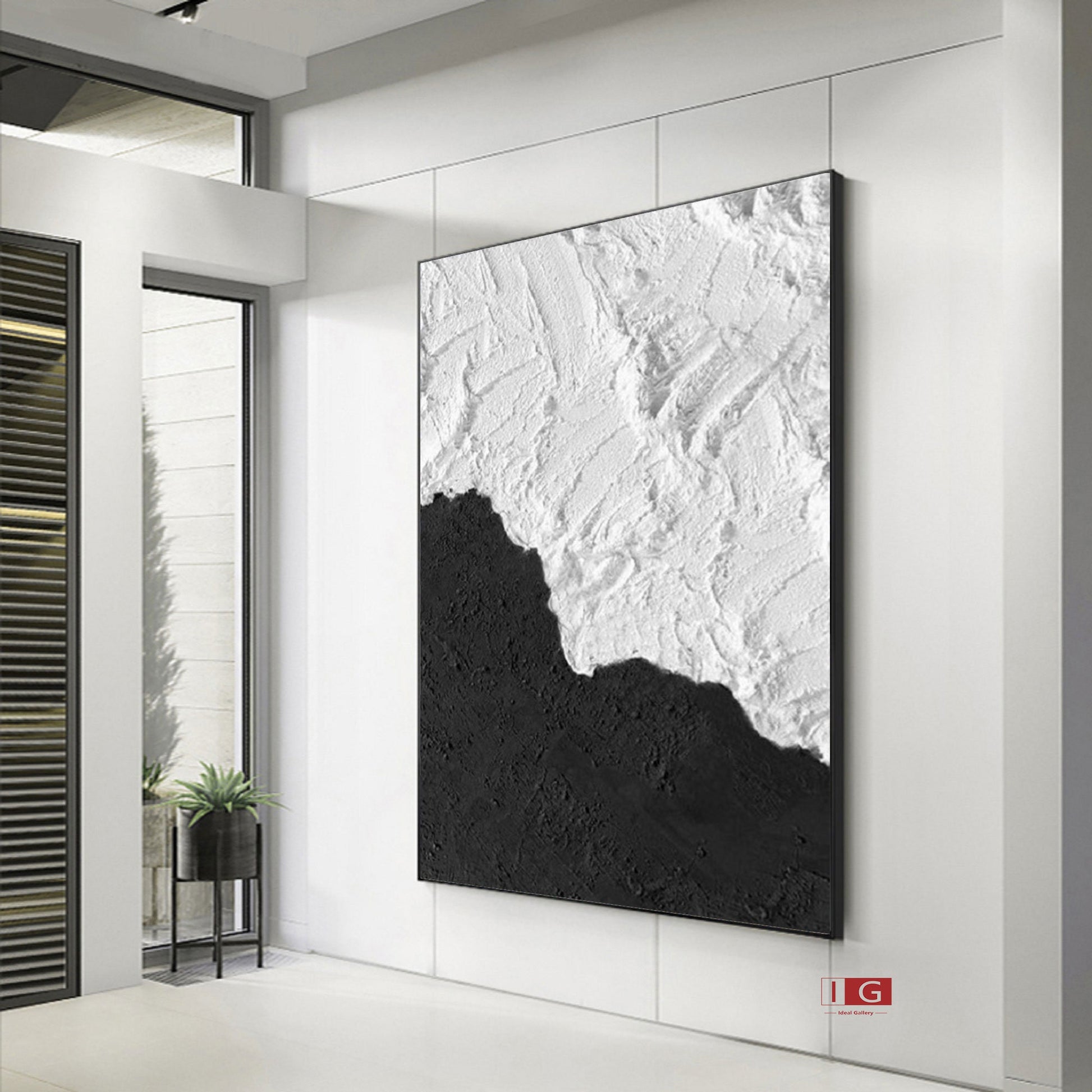 Black and White Textured Abstract Painting – Framed Minimalist Wall Art