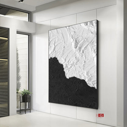 Black and White Textured Abstract Painting – Framed Minimalist Wall Art
