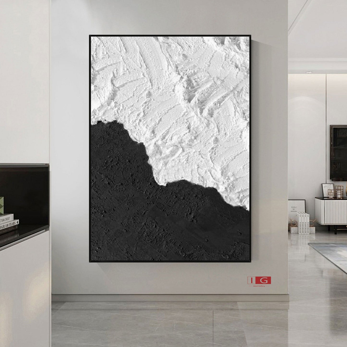 Black and White Textured Abstract Painting – Framed Minimalist Wall Art