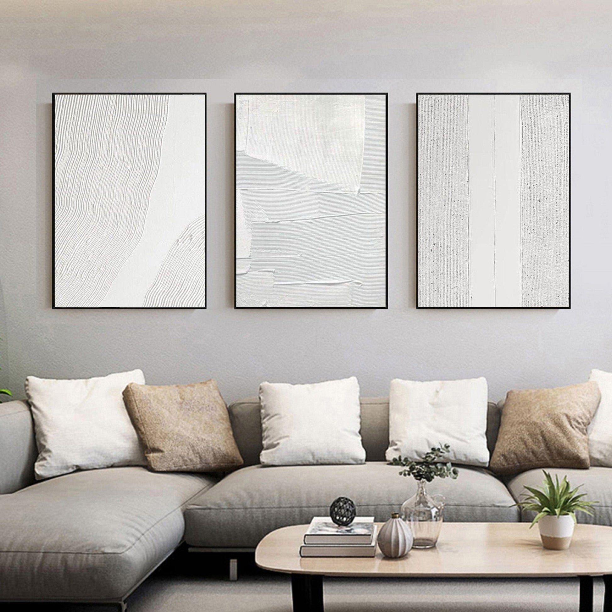 Set of 3 White Abstract Textured Plaster Art – 3D Wall Decor – Abstract Painting