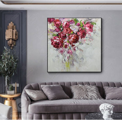 Large Abstract Roses oil Painting on Canvas, Original Red Flowers Canvas Wall Art, Modern Floral Oil Painting for Living room, Bedroom Décor